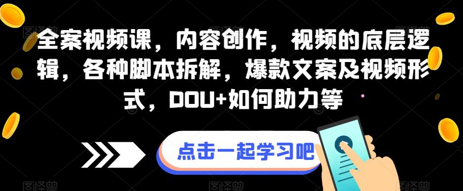 全案视频课，内容创作，视频的底层逻辑，各种脚本拆解，爆款文案及视频形式，DOU+如何助力等-天天项目库