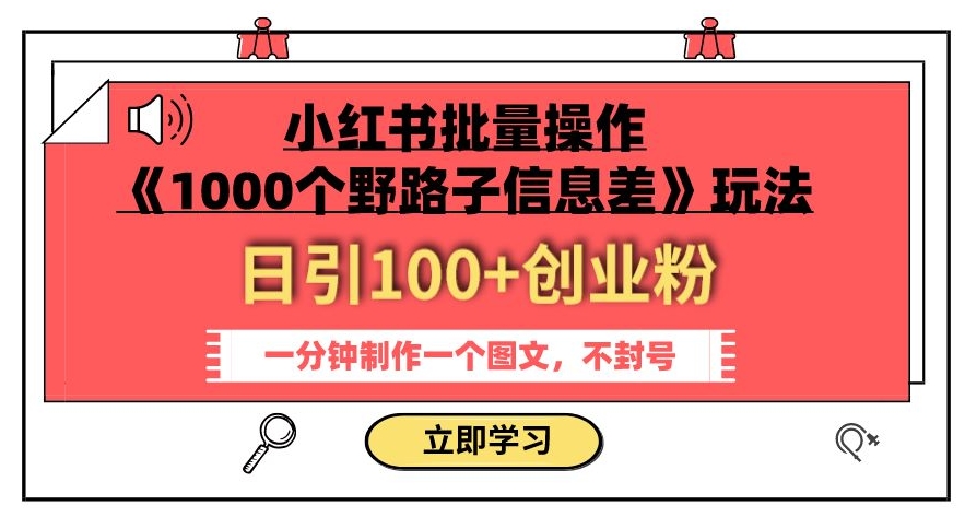 小红书批量操作《1000个野路子信息差》玩法，一分钟制作一个图文，不封号，日引100+创业粉-天天项目库