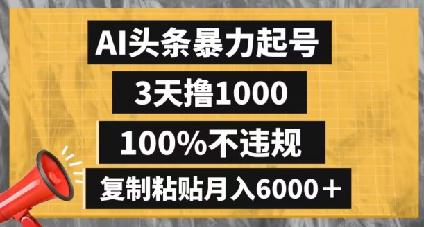 AI头条暴力起号，3天撸1000,100%不违规，复制粘贴月入6000＋【揭秘】-天天项目库