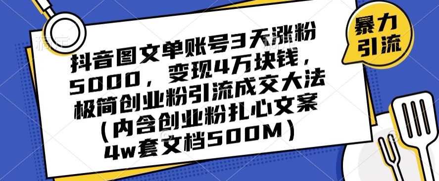 抖音图文单账号3天涨粉5000，变现4万块钱，极简创业粉引流成交大法-天天项目库