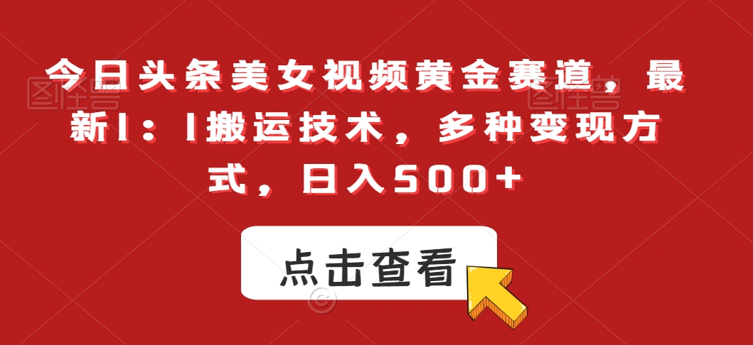 今日头条美女视频黄金赛道，最新1：1搬运技术，多种变现方式，日入500+【揭秘】-天天项目库