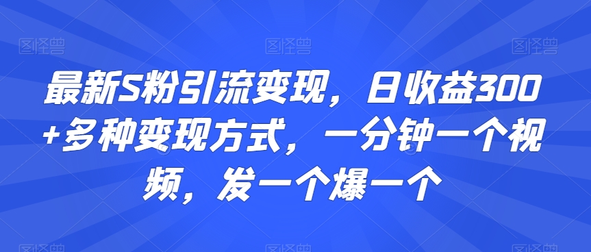 最新S粉引流变现，日收益300+多种变现方式，一分钟一个视频，发一个爆一个【揭秘】-天天项目库