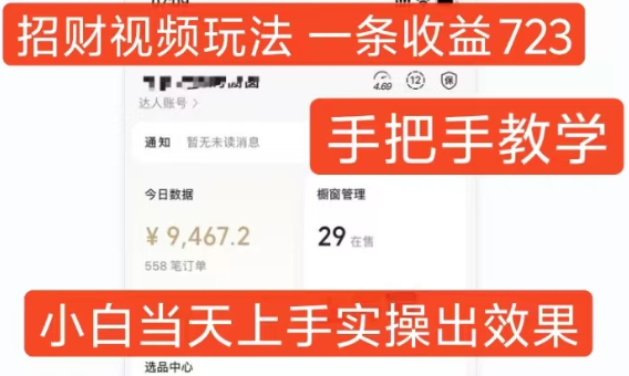 招财视频玩法，一条视频收益723，手把手教学，小白当天可上手-天天项目库