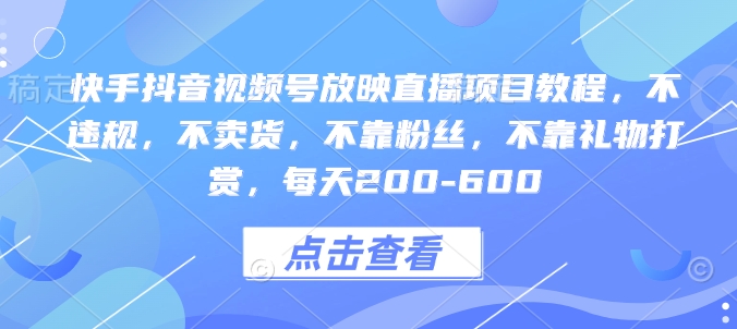 快手抖音视频号放映直播项目教程，不违规，不卖货，不靠粉丝，不靠礼物打赏，每天200-600-天天项目库