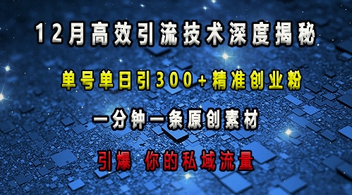 最新高效引流技术深度揭秘 ，单号单日引300+精准创业粉，一分钟一条原创素材，引爆你的私域流量-天天项目库