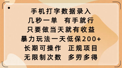 手机打字数据录入，几秒一单，有手就行，只要做当天就有收益，暴力玩法一天低保2张-天天项目库