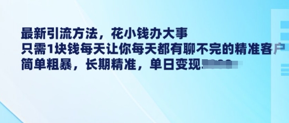 最新引流方法，花小钱办大事，只需1块钱每天让你每天都有聊不完的精准客户 简单粗暴，长期精准-天天项目库